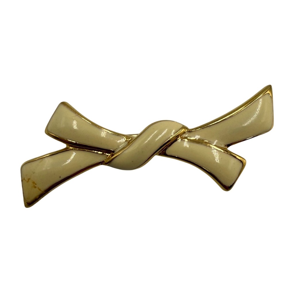 Monet Enamel Bow Brooch OS Cream Gold Coquette Vintage Aesthetic‎ Pin